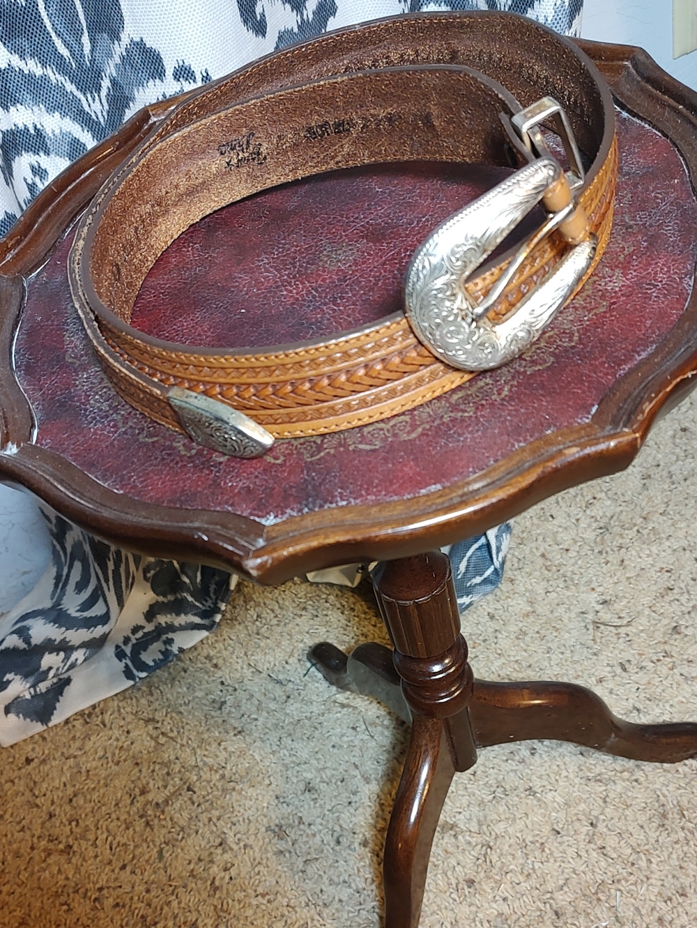 Tooled Leather Western Belt with Engraved Silver Buckle